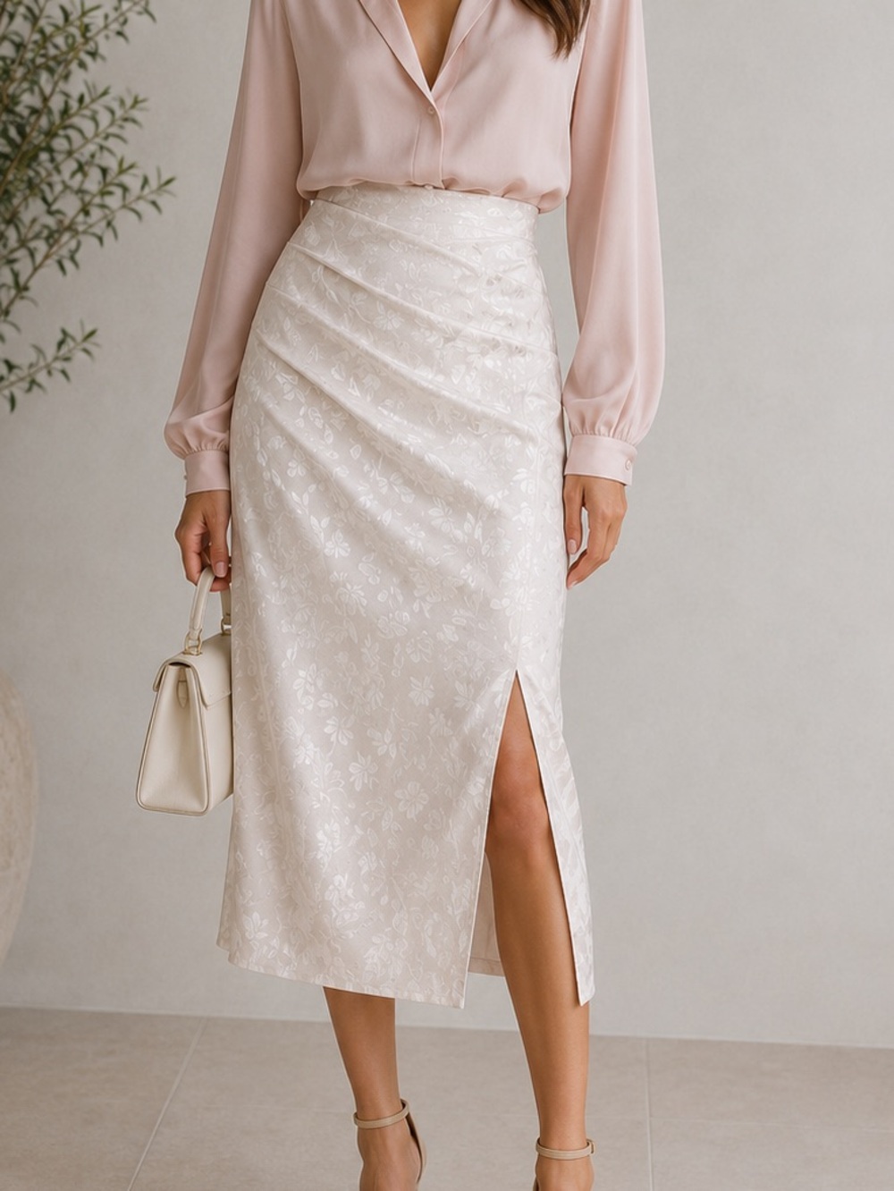 Zara Cream Floral Midi Skirt with Side Slit